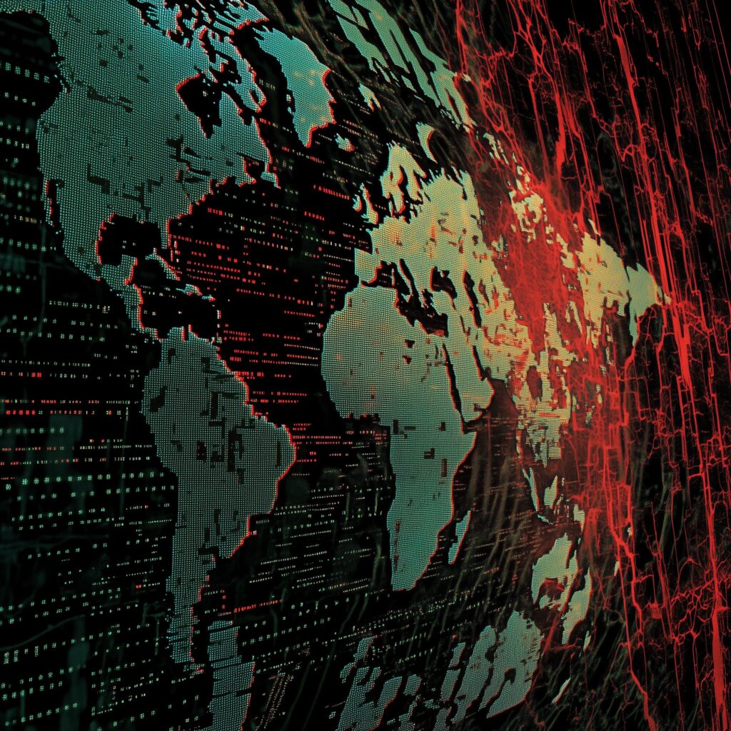 computer generated globe with red lines exploding from it.
