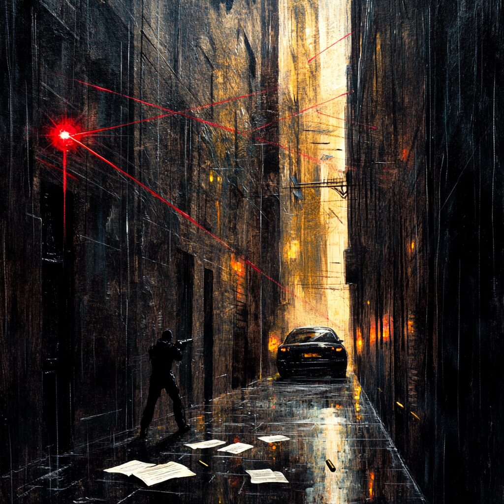 man with gun carefully walking down alley.