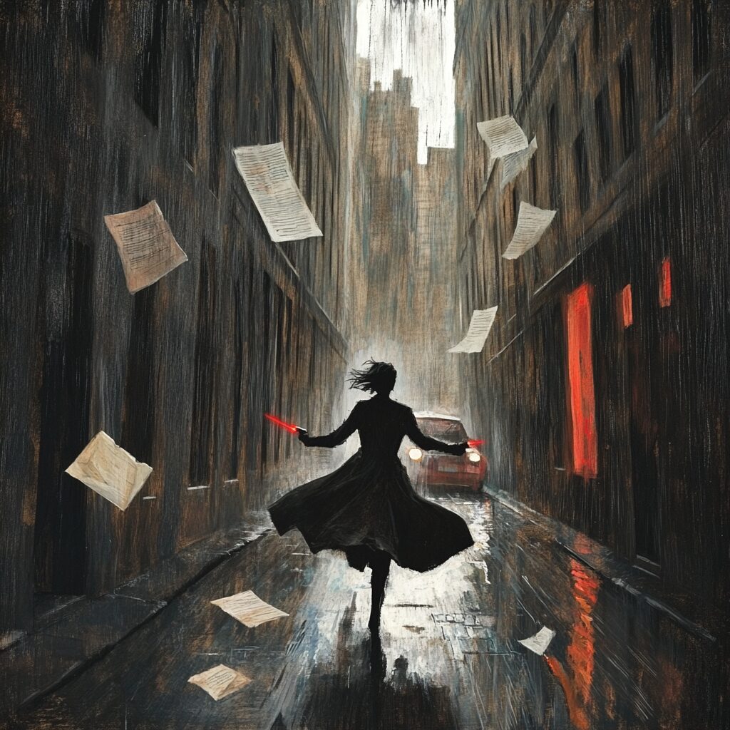 girl running down alley with papers falling from sky.